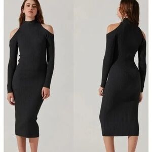 ASTR Ribbed Cold Shoulder Sweater Dress Midi Charcoal Black 45284